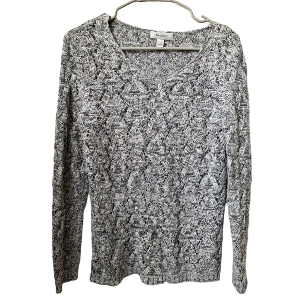 DRESS BARN Gray Cream Open Weave Long Sleeve V-neck Sweater